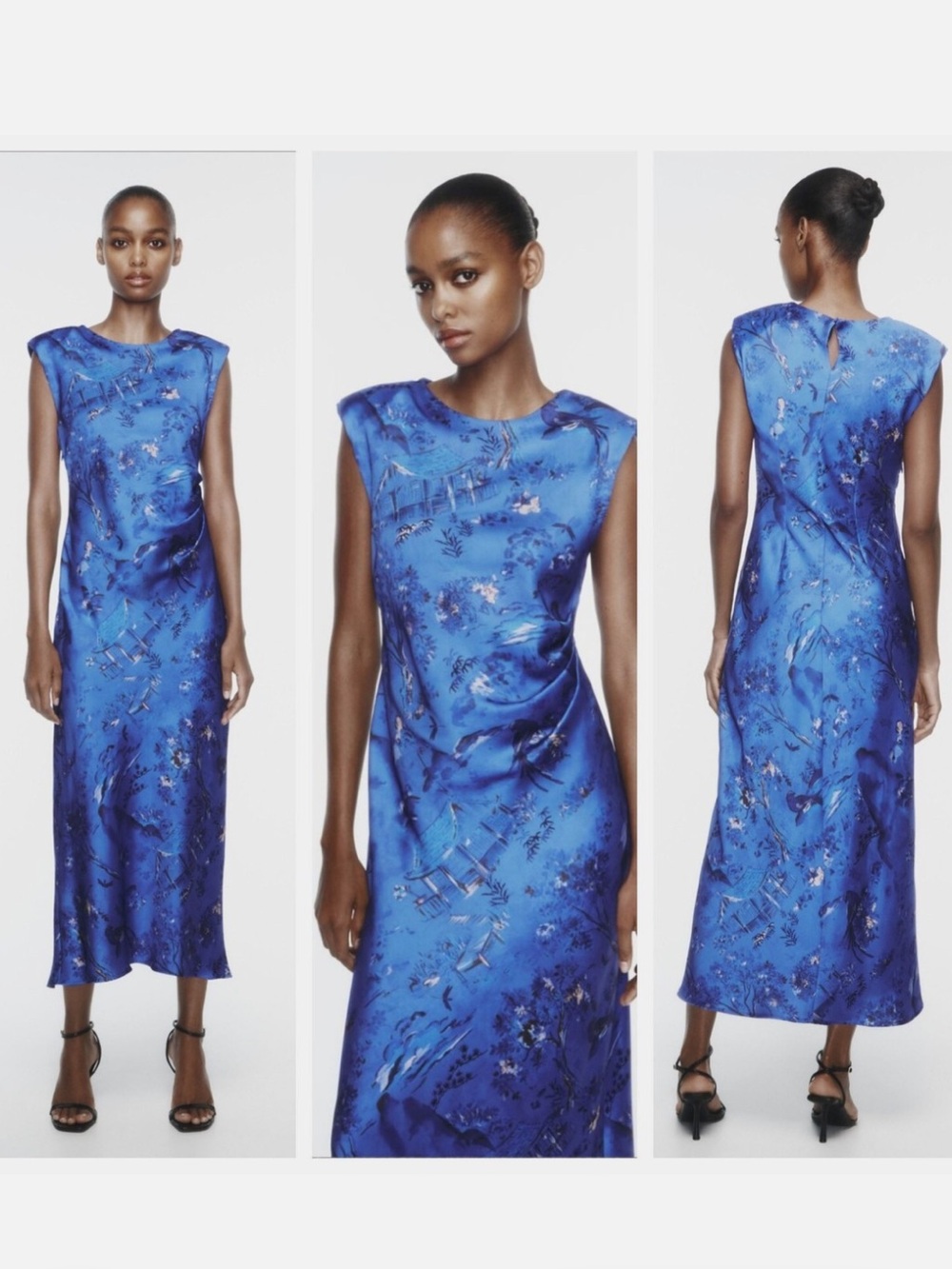 Zara Blue Floral Satin Maxi Dress